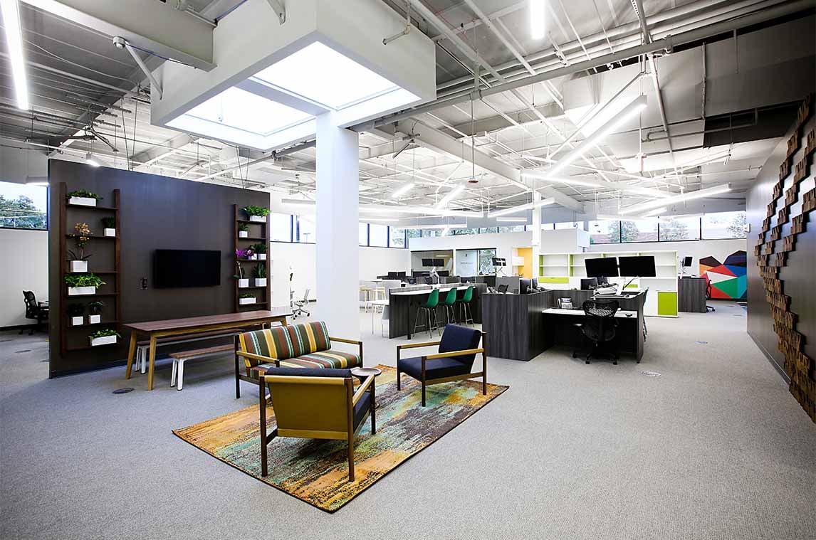 open office floor plan with various spaces