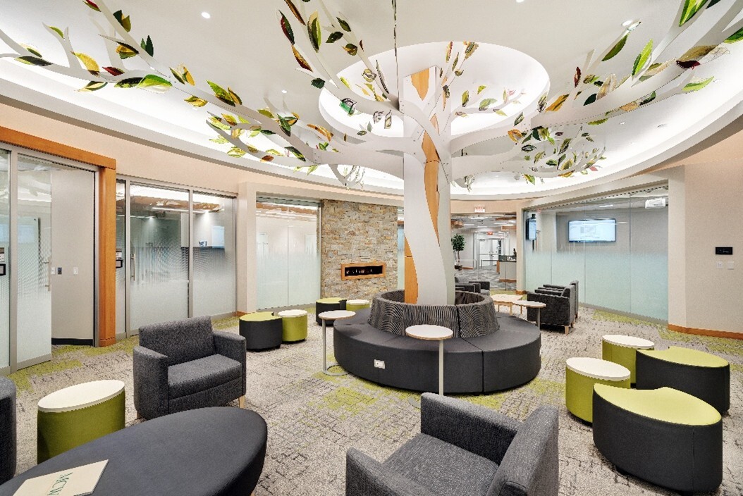 an office with specialty glass walls that are clear on top and fade to frosted at the bottom