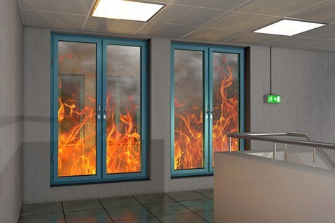 fire-rated glass walls with flames behind them