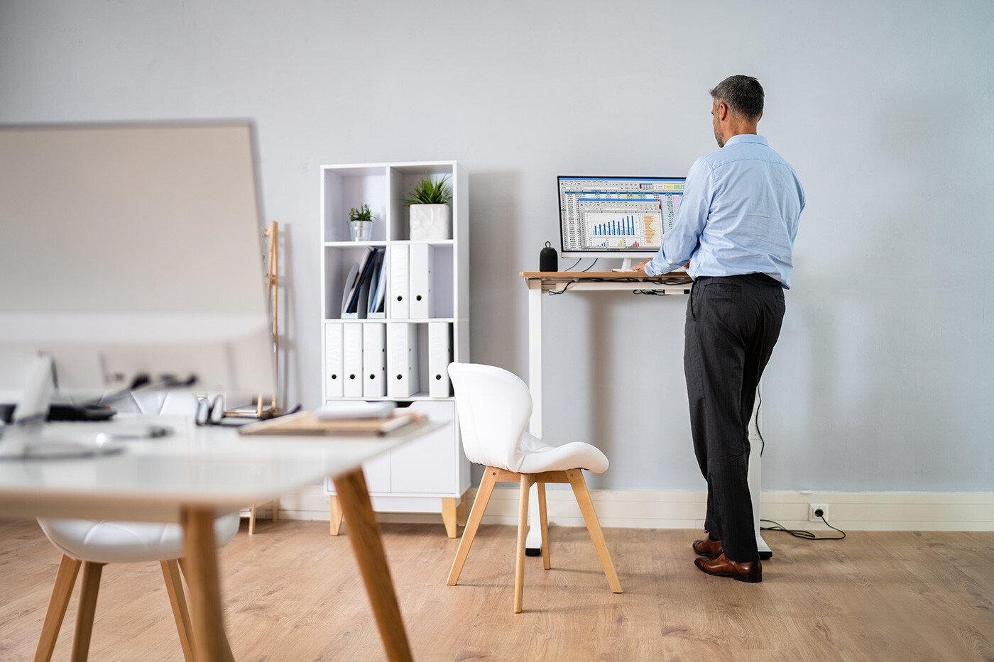 multi-functional office space with a standing desk