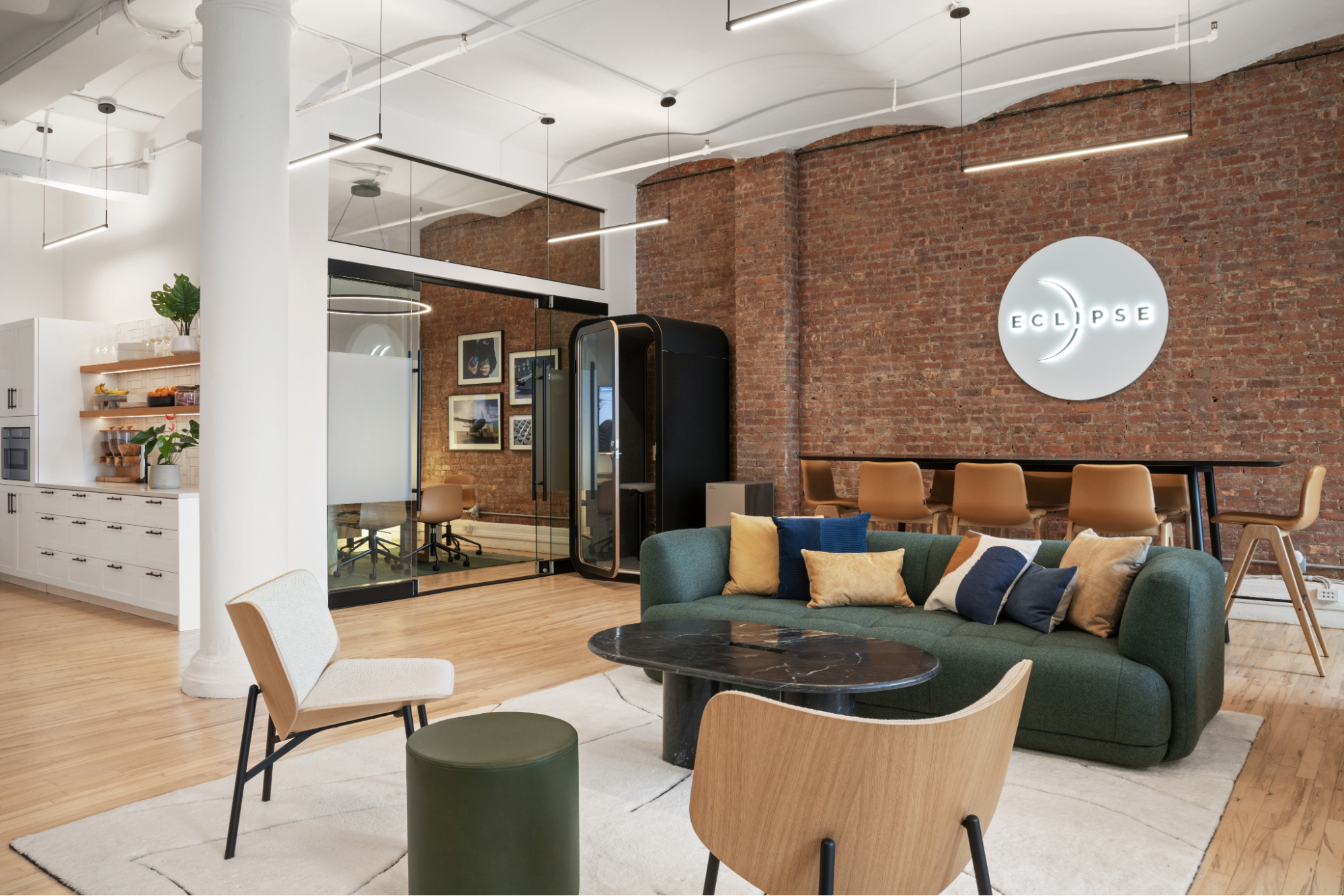 office with private meeting room and booth