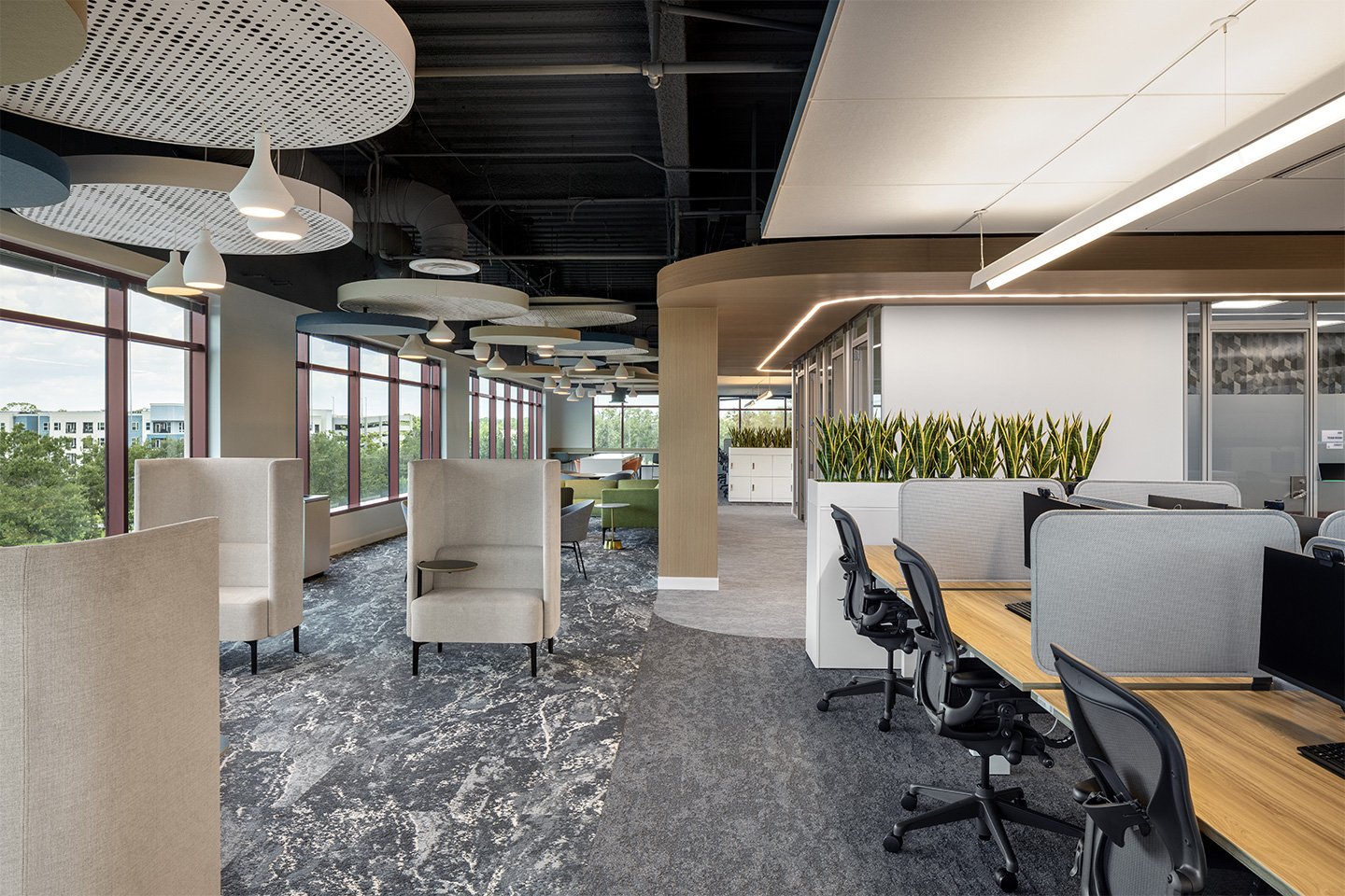 workstations and reception area furnished with contract grade office furniture